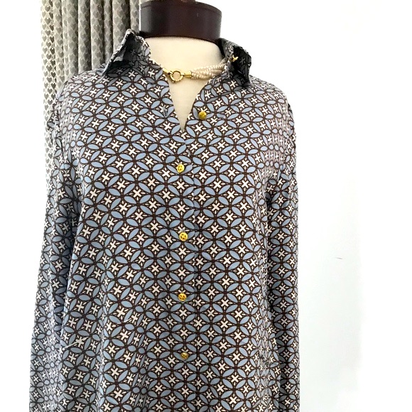 Skirtin Around Silk Blouse, Silk, Blue/Brown, Sz 8, Great Condition
